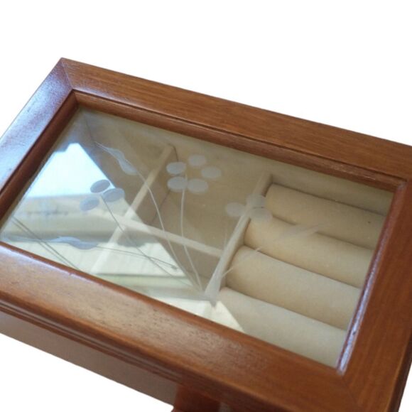 Vintage Jewelry Box Etched Glass Top Wood Tab Velvet Lined 80s 90s Hinge Dresser - Picture 3 of 16